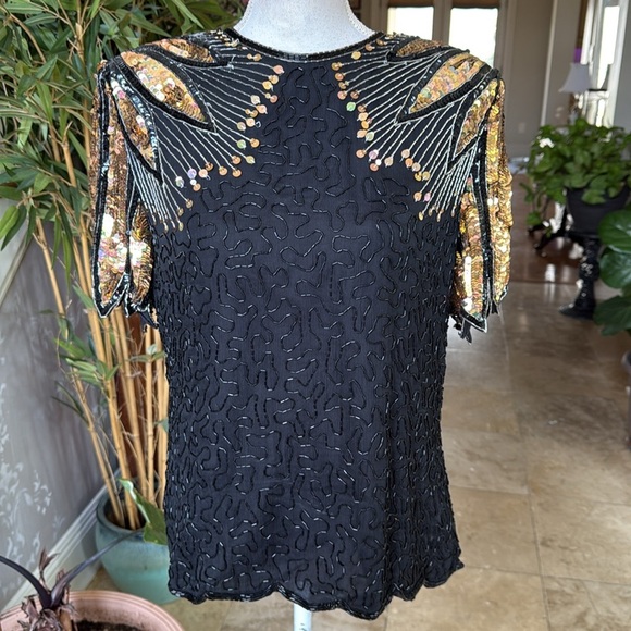 Lawrence Kazar ladies sequin beaded short sleeve top large, very good condition - Picture 2 of 16